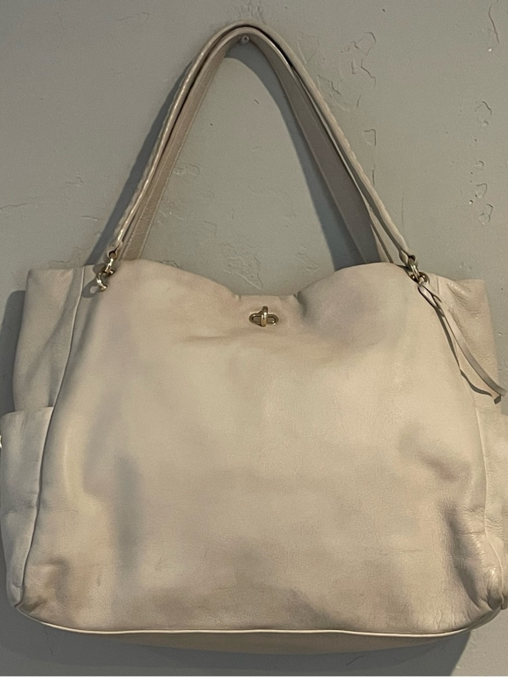 Elegant Henri Bendel Cream Leather Tote with Turn-Lock hardware needs some TLC!!